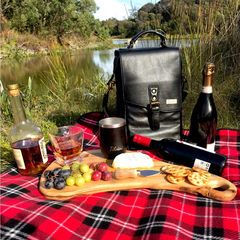 Tilvini Black Genuine Leather Insulated Wine Bag & Tumbler Set NWT - Picture 9 of 11